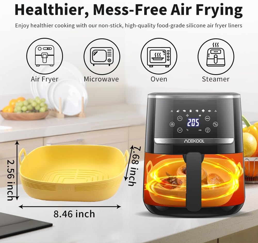 Air Fryer Silicone Liners Square 8.5 Inches 2pc Non-Stick food grade Reusable Airfryer Silicone Pot Baking Basket Bowl for 5.8 to 8 Qt Air Fryer Backing Tray Over Accessories | 8.5 Inches 2pc Reusable Airfryer Silicone Pot Baking Basket Bowl for 5.8 to 8