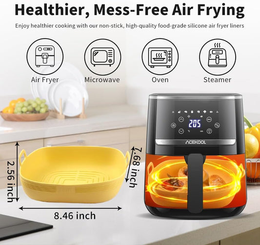 Air Fryer Silicone Liners Square 8.5 Inches 2pc Non-Stick food grade Reusable Airfryer Silicone Pot Baking Basket Bowl for 5.8 to 8 Qt Air Fryer Backing Tray Over Accessories | 8.5 Inches 2pc Reusable Airfryer Silicone Pot Baking Basket Bowl for 5.8 to 8