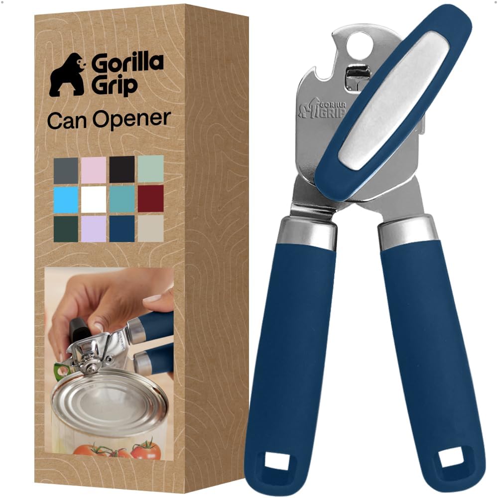 GORILLA GRIP Original Model Stainless Steel Smooth Edge Manual Can Opener and Bottle Openers, US Designed, Comfortable Handle, Oversized Handheld Turn Knob, Multifunctional Kitchen Tool, Gray