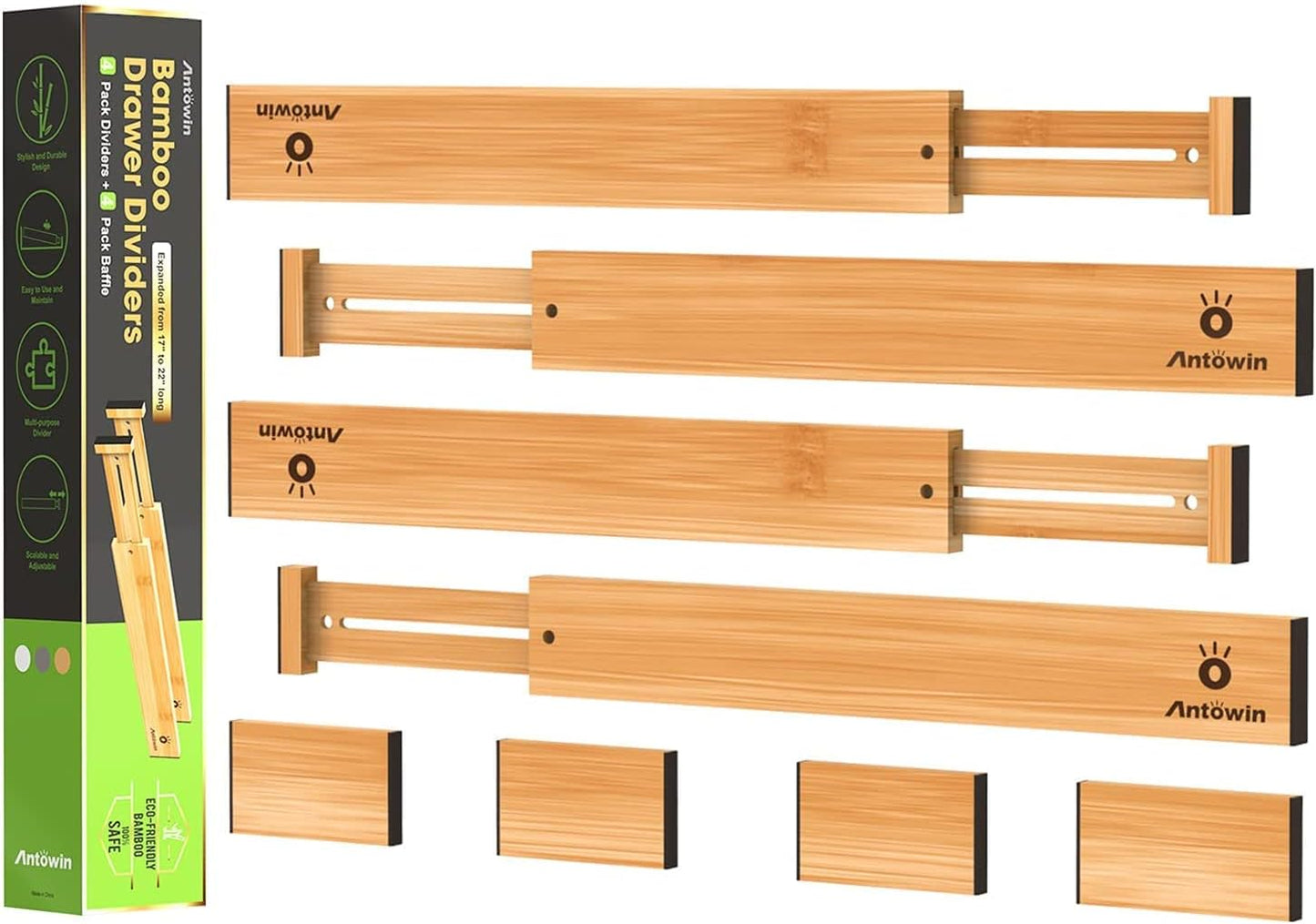 Bamboo Drawer Dividers Organizers, Drawer Separators Splitter,17-22 inches Long Adjustable Spring-loaded Organizer for Large Utensil, Clothes, Tools Drawers(yellow)