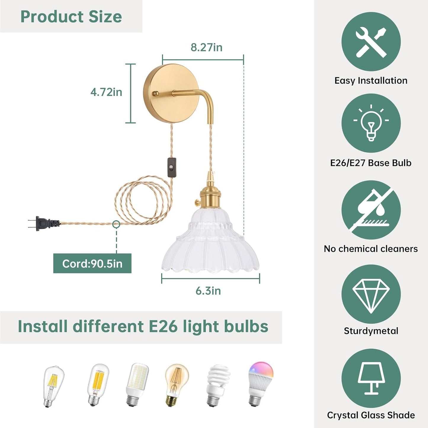 Shenmoyl Battery Operated Wall Sconce Wall Lamp with Green Lily of the Valley Shade Pattern Glass Adjustable Chain Retro Gold Wall Mounted Light, Modern Wall Lamp Fixtures Decor for Bedside Bedroom