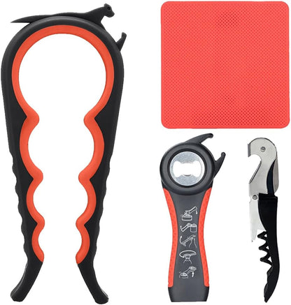 Jar Opener for Weak Hands, Seniors with Arthritis, 5 in 1 Bottle Opener | Multi-use Lid Opener Set with Non-slip Rubber Gripper Pad & Wine Opener, Great for Senior Parents, Grandparents or Loved Ones