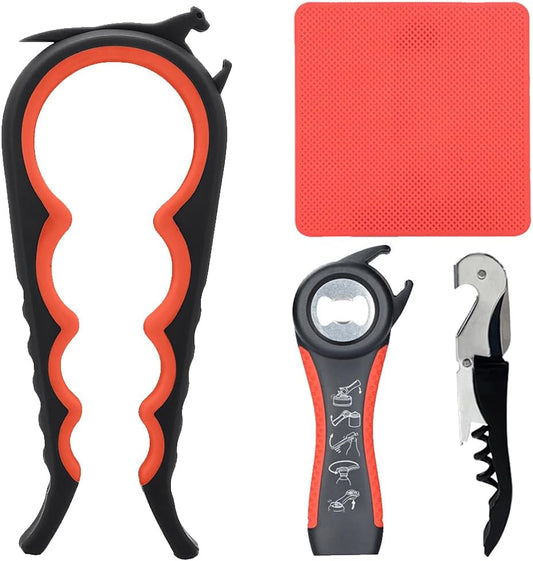Jar Opener for Weak Hands, Seniors with Arthritis, 5 in 1 Bottle Opener | Multi-use Lid Opener Set with Non-slip Rubber Gripper Pad & Wine Opener, Great for Senior Parents, Grandparents or Loved Ones