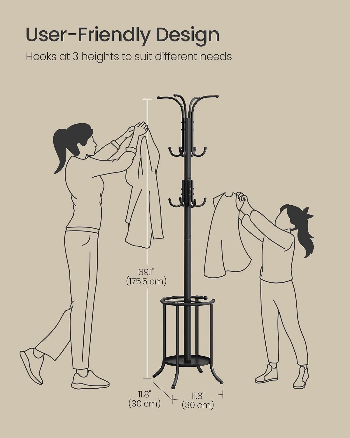 SONGMICS Coat Rack Freestanding Metal Coat Rack Stand with 12 Hooks | Coat Rack with Umbrella Holder