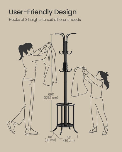 SONGMICS Coat Rack Freestanding Metal Coat Rack Stand with 12 Hooks | Coat Rack with Umbrella Holder