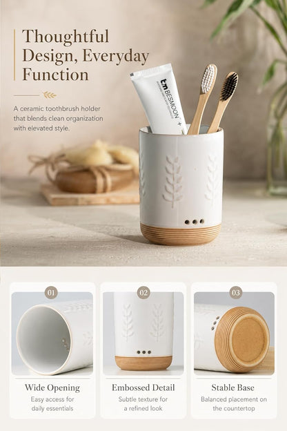 LYEOBOH Ceramic Toothbrush Cup, Cute Toothbrush Holder with Drainage White | Farmhouse Toothbrush Container, Countertop Toothbrush Organizer, Toothbrush Storage for Bathroom Vanity & Countertop