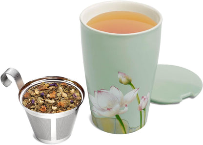 Tea Forte Double-Walled Ceramic Kati Cup, Noir, 12 oz | Insulated Ceramic - Stainless Steel Loose Leaf Infuser - Keeps Tea Hot Longer - Lid Included - Microwave & Dishwasher Safe