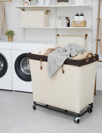 StorageWorks 160L Laundry Basket with Wheels, Rolling Hampers for Clothing | Beige Laundry Basket with Wheels, Metal Frame & Handles, Rolling Hamper for Bedroom, Bathroom, Dorm, Hotel