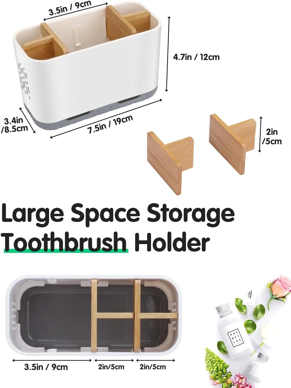 GFWARE Toothbrush Holders for Bathrooms - Bamboo Divider Toothbrush and Toothpaste Holder with Drainage, Kids Electric Toothbrush Organizer for Bathroom Countertop, White Tooth Brush Holder | 5 Slots Toothbrush and Toothpaste Holder with Bamboo Divider,