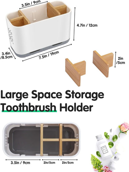 GFWARE Toothbrush Holders for Bathrooms - Bamboo Divider Toothbrush and Toothpaste Holder with Drainage, Kids Electric Toothbrush Organizer for Bathroom Countertop, White Tooth Brush Holder | 5 Slots Toothbrush and Toothpaste Holder with Bamboo Divider,