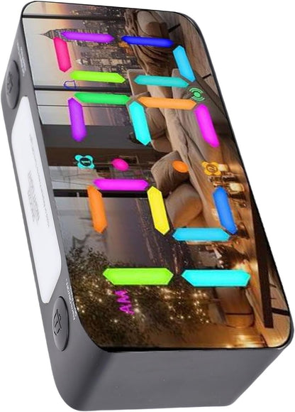 banapoy 7 Inch Mirror Alarm Clock with Bed Shaker, RGB Night Light, 15 Color Modes, 5 Levels Volume, 115dB, Dual Alarms, 3 Alarm Modes for Heavy Sleepers Seniors (White)