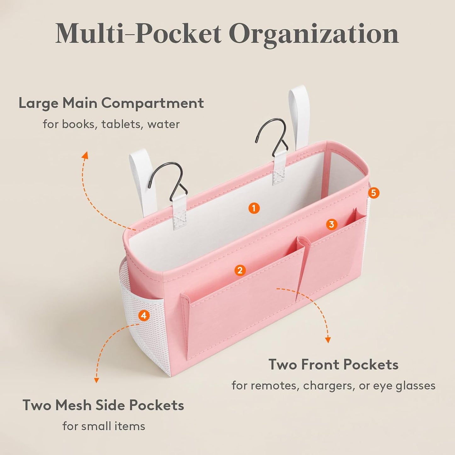 Lifewit Bedside Caddy Storage Organizer, Hanging Storage Bag with Fixed Straps, Book Remotes Holder for Home, College, Dorm, Bunk, Hospital, Crib Bed Rails, White