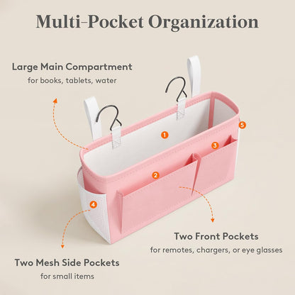 Lifewit Bedside Caddy Storage Organizer, Hanging Storage Bag with Fixed Straps, Book Remotes Holder for Home, College, Dorm, Bunk, Hospital, Crib Bed Rails, White