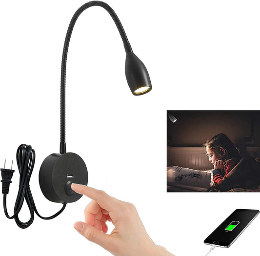 LED Wall Reading Light with USB Charging Port, Touch Dimmable Switch Gooseneck Bedside Lamp, Flexible Arm, 3W (Black, 120V Plug in, Warm White)