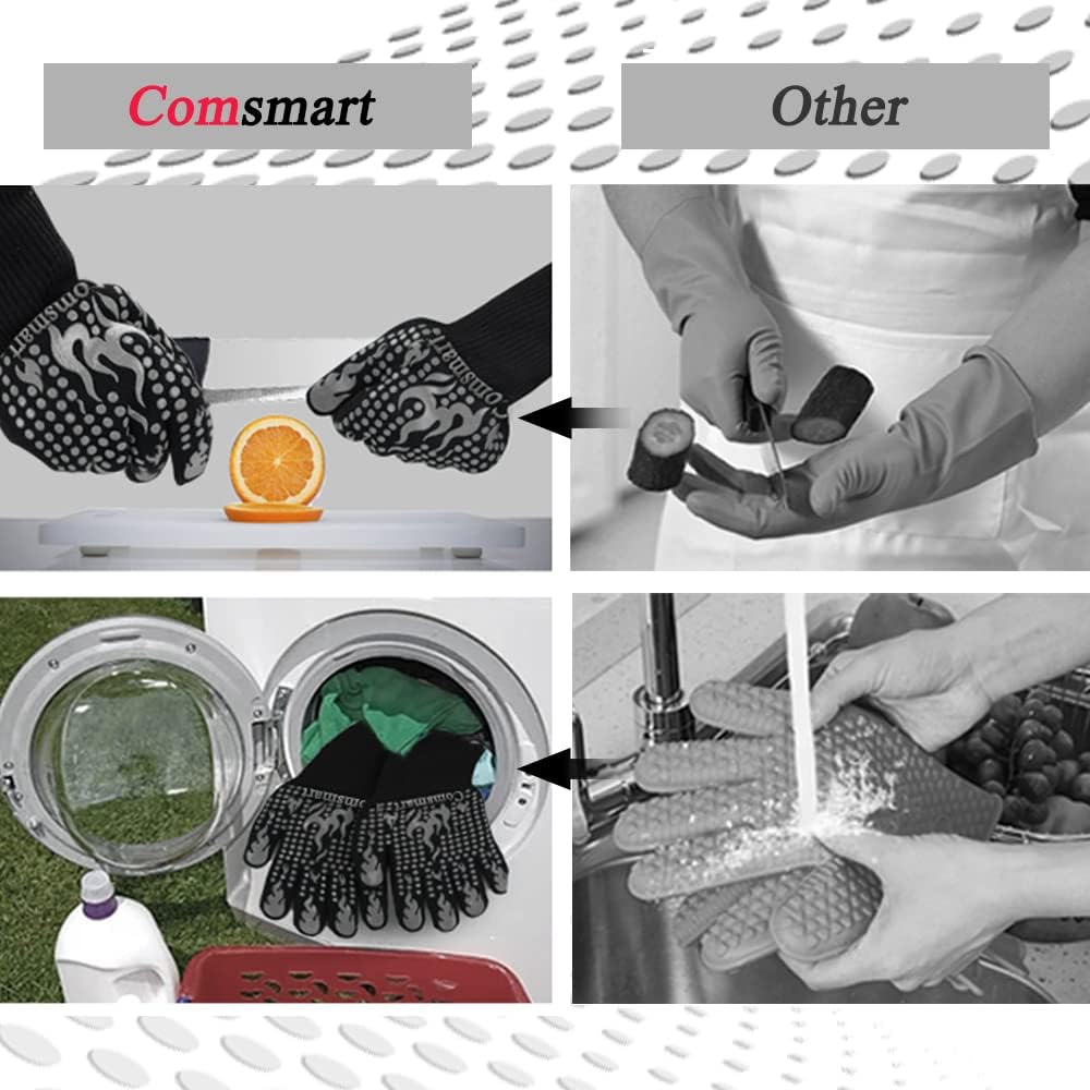 Comsmart BBQ Gloves, 1472 Degree F Heat Resistant Grilling Gloves Silicone Non-Slip Oven Gloves Long Kitchen Gloves for Barbecue, Cooking, Baking, Cutting