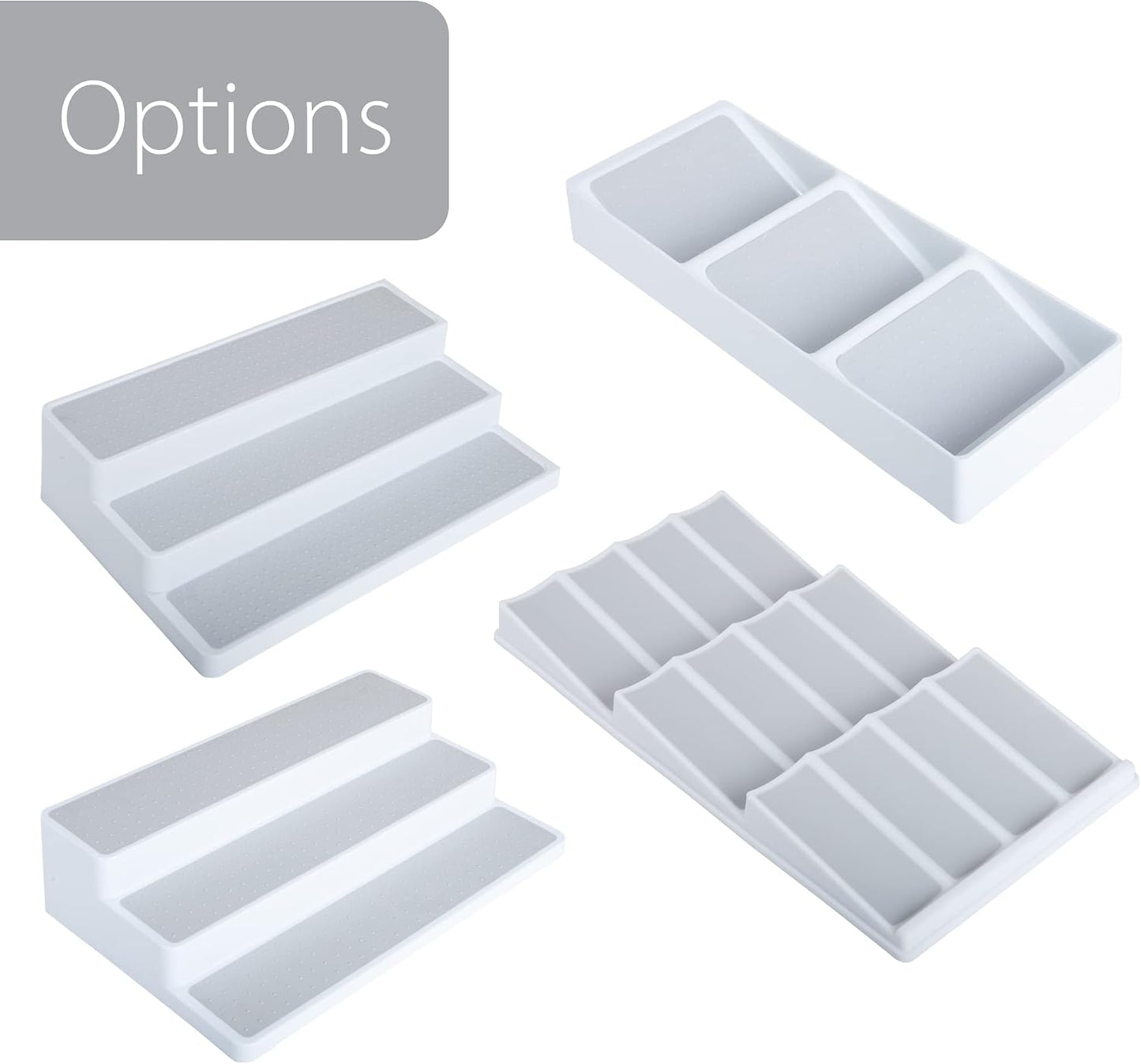 Smart Design 3 Section Plastic Spice Rack Drawer - Non-Slip Lining and Feet - BPA Free - Seasoning Jars, Makeup Storage, Countertop Bottle Tray, 3 Tier - Pantry Kitchen Organizer - White with Gray