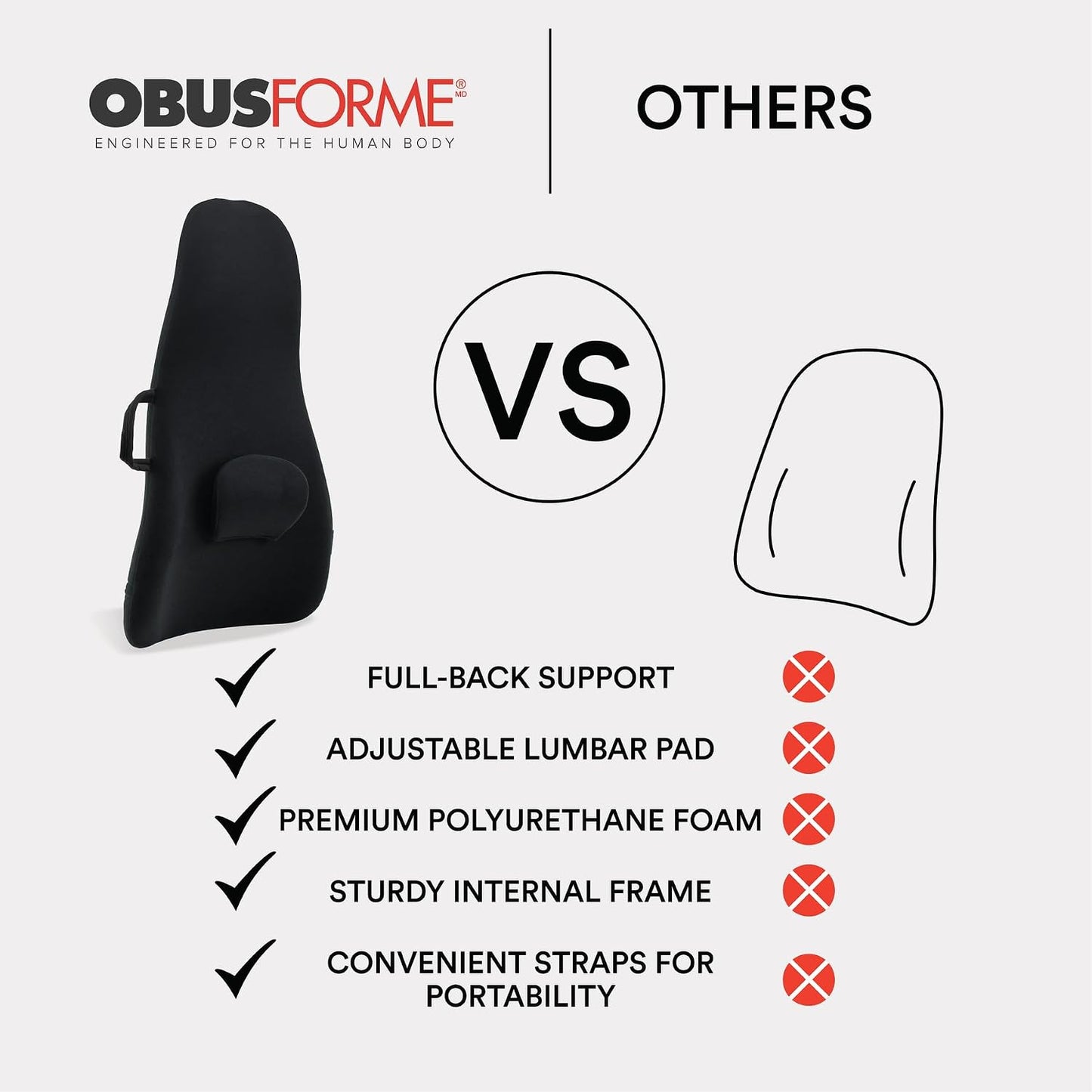 ObusForme Highback Backrest Support - Extra Tall Padded Seat Cushion and Lumbar Support Pillow, Portable Posture Support with Soft and Durable Foam