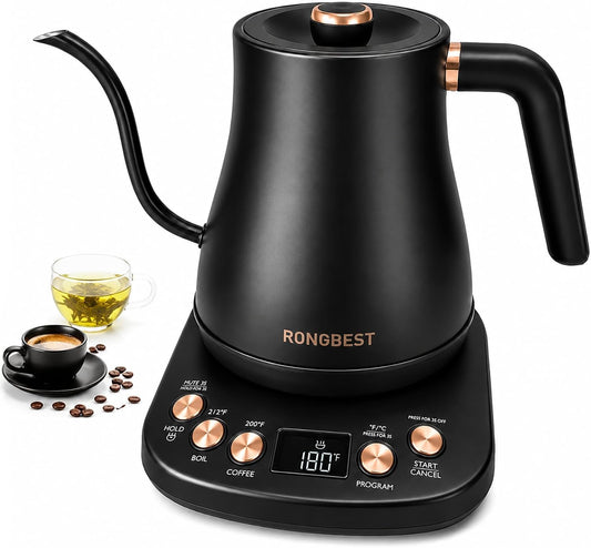 1L Electric Gooseneck Water Kettle with 6 Temperature Control Presets | Stainless Steel Inner & Lid, 2H Keep-warm,1200W Quick Boiling for Pour Over Coffee & Tea Pot, Auto Shut-off, Matte Black