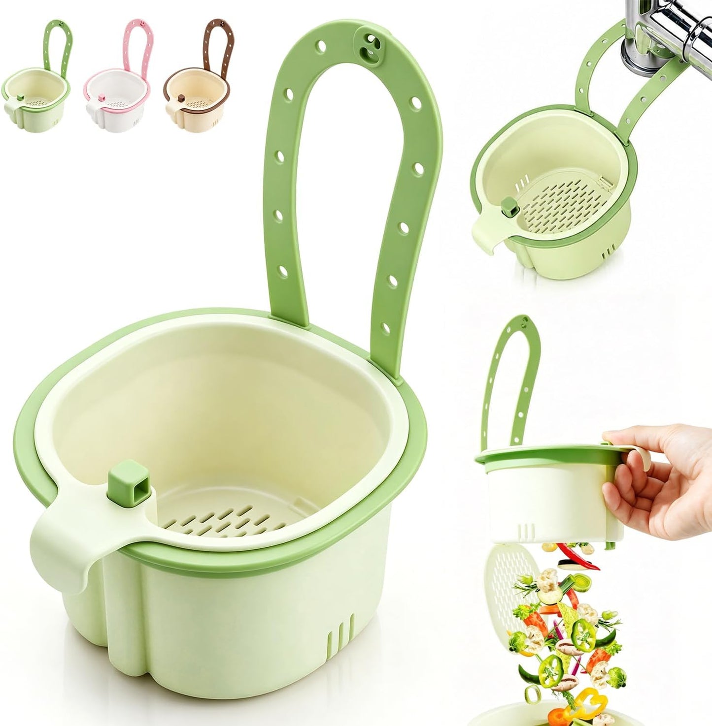 Sink Filter Basket, Kitchen Sink Strainer Basket with Self-Cleaning & One-Touch Press, Hanging Sink Drain Basket for Draining, Washing, Storage, 5.7x5.1x3.5 Inches (Green)