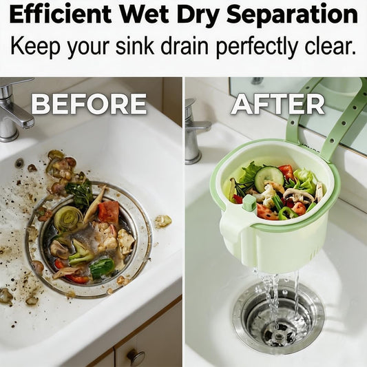 2027 New Hanging Sink Drain Basket, Sink Strainer Basket (Brown+Pink) | Press-Type Multi-Functional Water Tank Filter Basket with Automatic Tilting Function