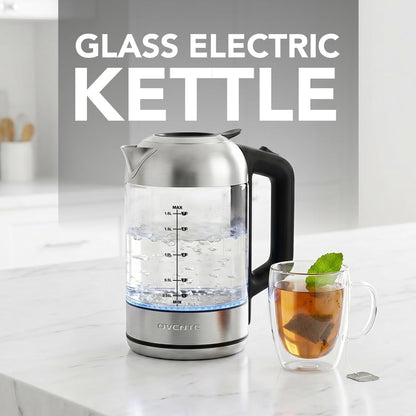 OVENTE 1.8L Glass Electric Kettle Water Boiler, Silver KG751S | 1500W Fast Boiling, Easy Fill Lid, Borosilicate Glass, BPA-Free, Blue LED, Auto Shut-Off, Boil-Dry Protection, Cordless