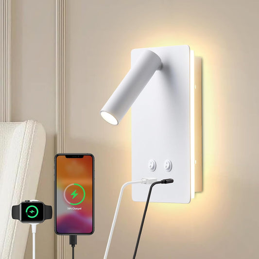 LED Wall Lamp Wall Mounted Reading Lights, Adjustable Headboard Plug in Wall Sconce with USB C+A Ports, Headboard Bedside Lamp with 9W+3W Night Light 3000K (White)