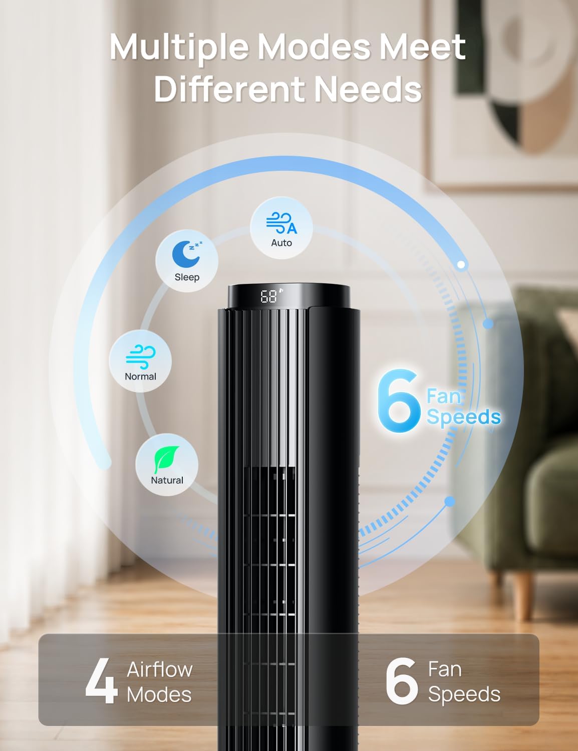 ZAFRO Tower Fan for Bedroom, 37'' Bladeless Fans with 4 Modes 6 Speeds, 26 ft/s Velocity, 28dB Quiet for Sleep, LED Touchpad & 12H Timer, 90° Oscillating Floor Fans that Blow Air, Black