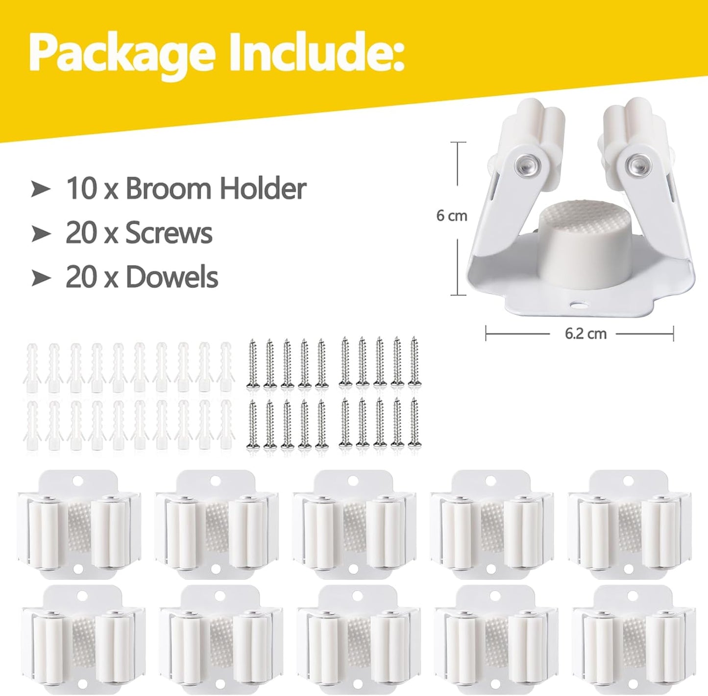 Verdenu 10 Pack Broom Holder Wall Mount, Mop Holder Wall Mounted, Stainless Steel Command Broom Holder with Screws, Garden Tool Rack Wall Mount for Kitchen, Home, Bathroom, Garage Storage, Black