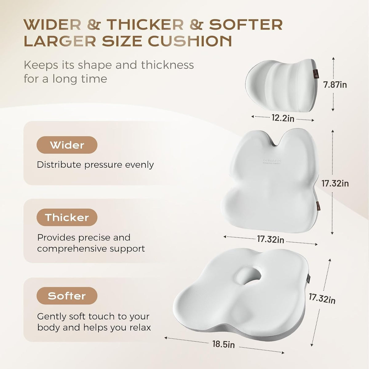 Coverado Lumbar Support Pillow and Seat Cushions for Office Chairs, Memory Foam Orthopedic Coccyx Cushion for Tailbone Pain Cushion Pillow & Back Pain Pressure Relief Seat Cushion Coffee&Beige