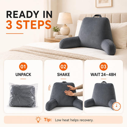OAISZ Reading Pillow for Sitting in Bed with Shredded Memory Foam, Grey | 19-Inch Back Pillow for Sitting Up in Bed, Extended Arms, Side Pockets, Supportive Adjustable Pillow Removable Washable Cover