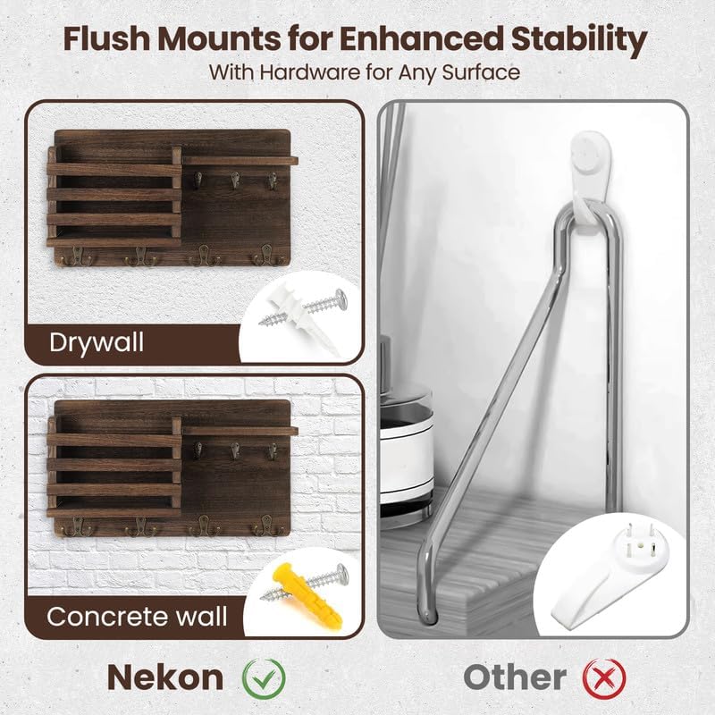 Nekon Mail Holder for Wall, 16.8 Inch Mail Organizer, Black | 16.8Inch x 10Inch x 3.2Inch, Hallway Farmhouse Decor, Storage Racks with Floating Shelf and Flush Mount Hardware