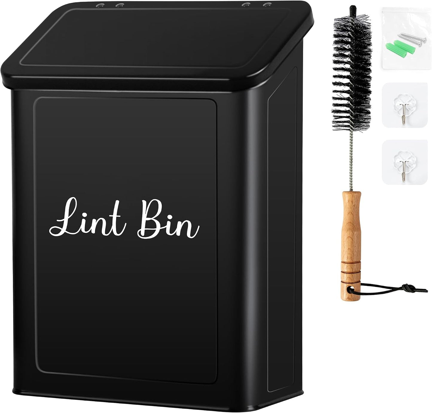 Magnetic Lint Bin for Laundry Room, Metal Lint Trash Can with Lid and Brush, Wall Mounted Lint Box for Dryer, Farmhouse Laundry Room Decor, Black