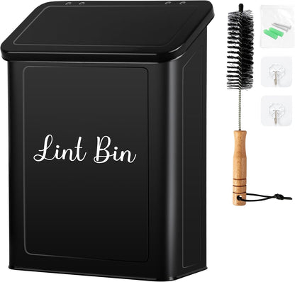 Magnetic Lint Bin for Laundry Room, Metal Lint Trash Can with Lid and Brush, Wall Mounted Lint Box for Dryer, Farmhouse Laundry Room Decor, Black