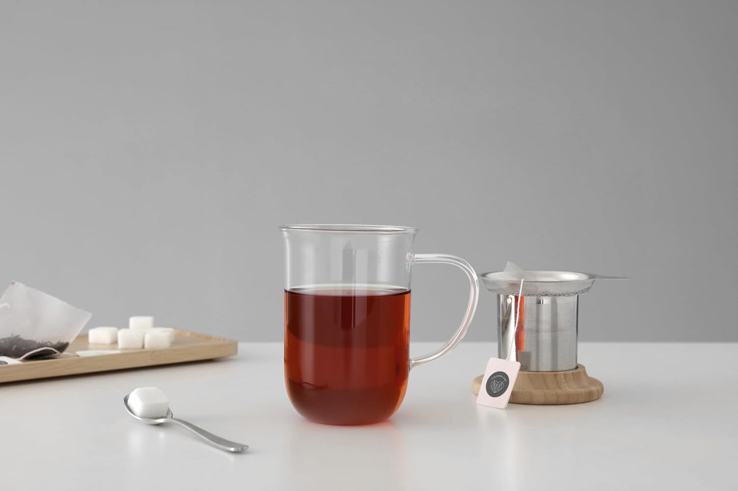 VIVA Minima Balance Glass Infuser Tea Cup - 17 oz / 500 ml Mug with Stainless Steel Infusion Mesh and Bamboo Wood Lid