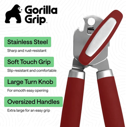 GORILLA GRIP Original Model Stainless Steel Smooth Edge Manual Can Opener and Bottle Openers, US Designed, Comfortable Handle, Oversized Handheld Turn Knob, Multifunctional Kitchen Tool, Gray