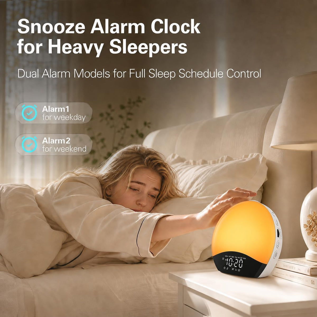 JALL Full Screen Dimmer Sunrise Alarm Clocks for Bedrooms, Wake Up Light with FM Radio, 25 White Noise Sleep Sounds, Bluetooth Speaker, Dual Alarms Bedside Clock for Heavy Sleepers