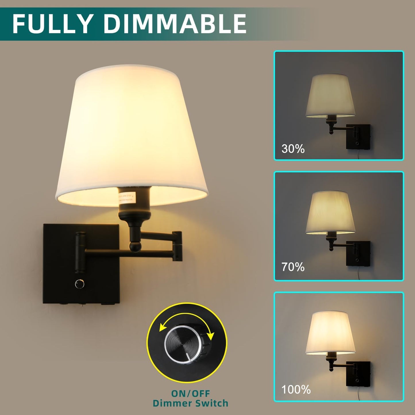 Bedside Wall Mount Light with Dimmable Switch and Outlet, Swing Arm Fabric Shade Wall Sconce Light with USB Port and Plug in Cord, Black Wall Lamp for Bedroom, Living Room and Hotel