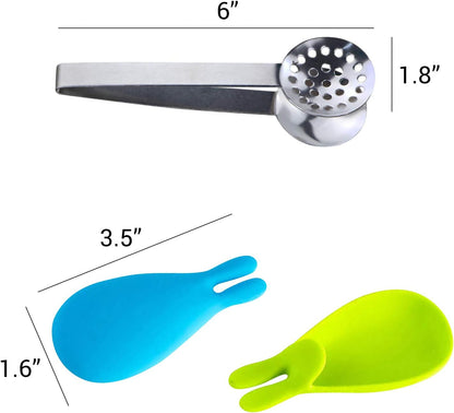 SNAIL GARDEN 2Pcs Stainless Steel Tea Bag Tongs, Round Tea Bag Squeezer with 2Pcs Bunny Silicone Tea Bag Holders & Rests- 6inch Tea Bag Strainer Clips Herb or Sugar Ice Cube for Kitchen Bar Tools