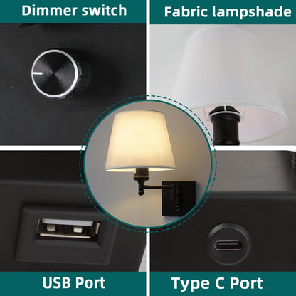 Bedside Wall Mount Light with Dimmable Switch and Outlet, Swing Arm Fabric Shade Wall Sconce Light with USB Port and Plug in Cord, Black Wall Lamp for Bedroom, Living Room and Hotel