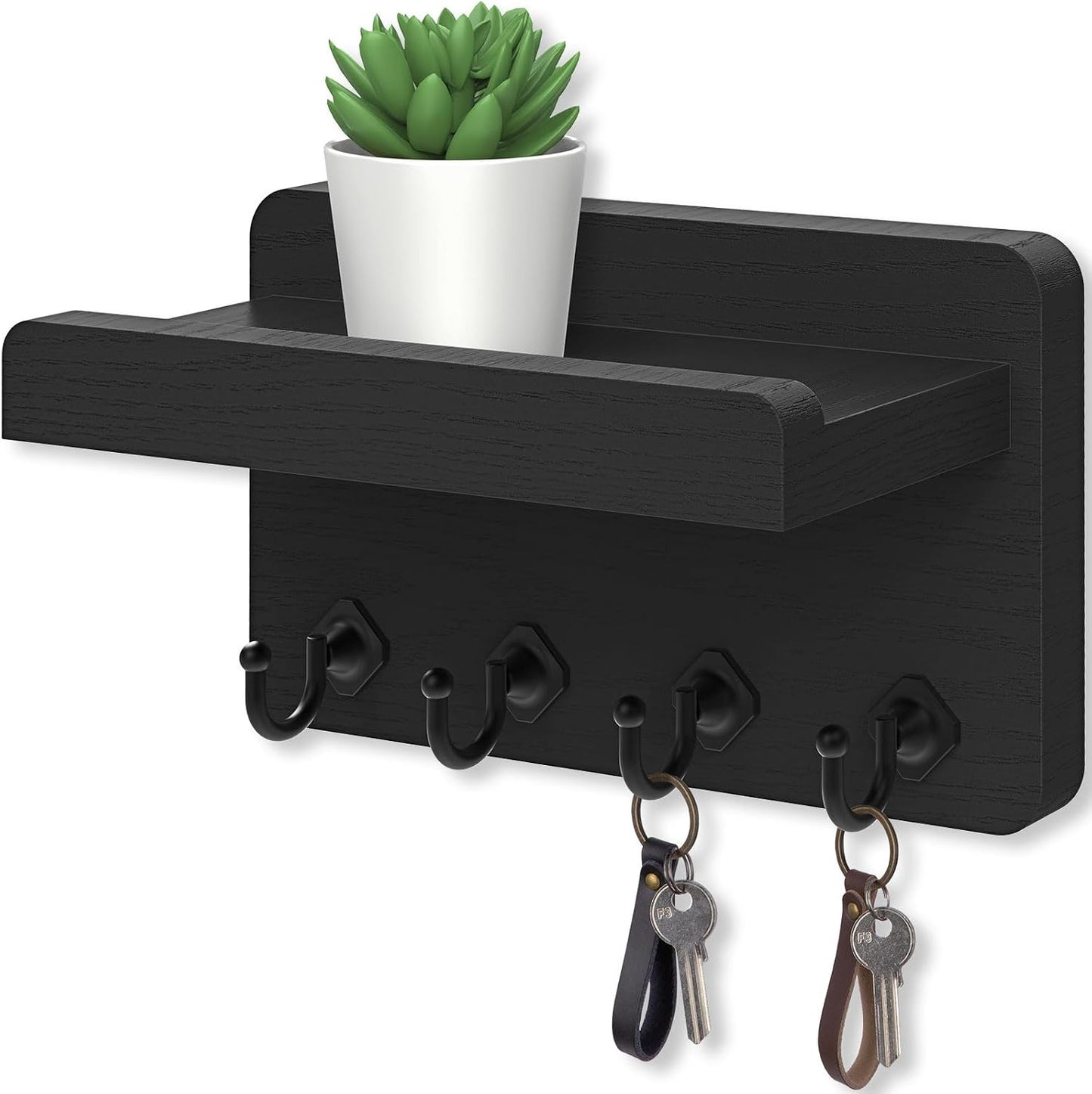 Nekon Key Holder Wall Mount, 8.5 Inch Small Wooden Wall Organizer, Black | Rustic Wall Shelf, Farmhouse Key and Mail Holder for Living Room Entryway Kitchen