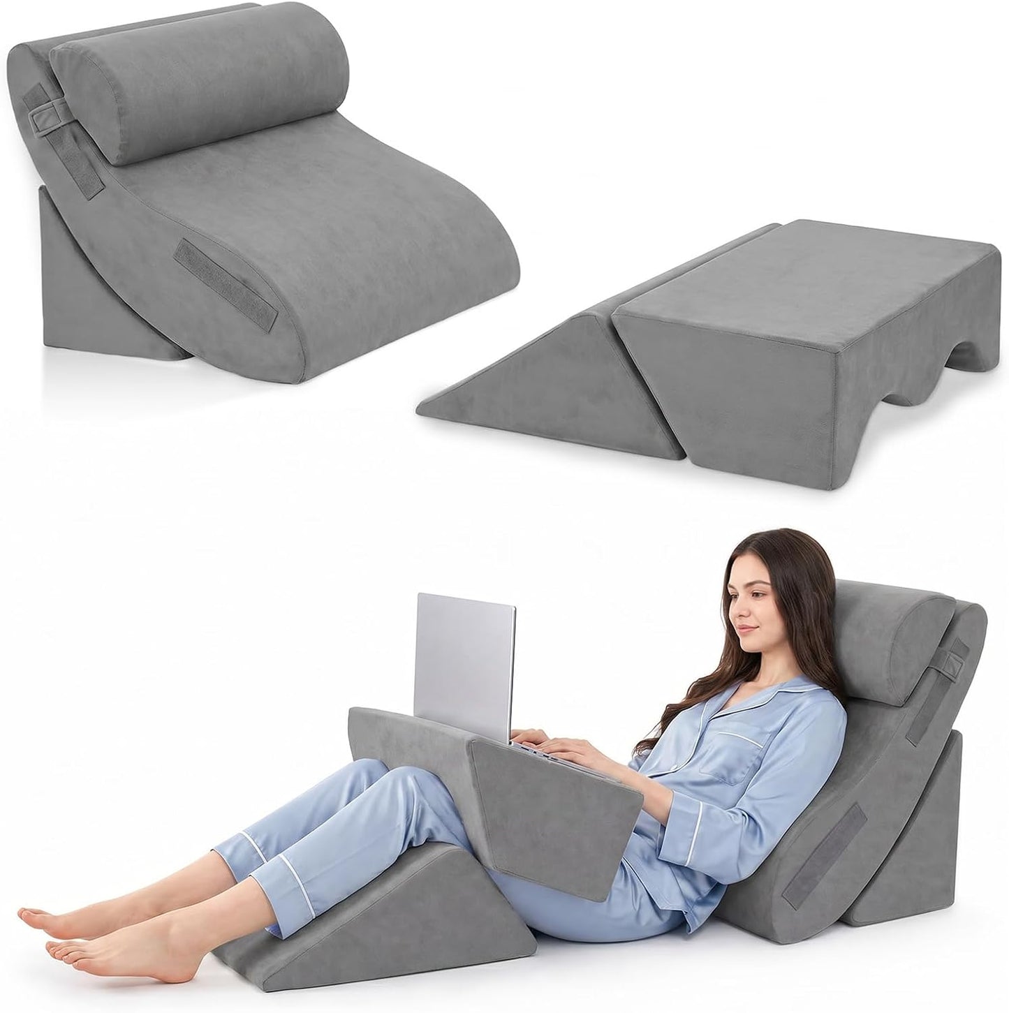 5PCS Wedge Pillow Set for After Surgery, Adjustable Orthopedic Foam Bed Wedge Pillow for Acid Reflux, GERD & Heartburn Relief, Back & Leg Elevation Support for Sleeping & Sitting Up, White Grey