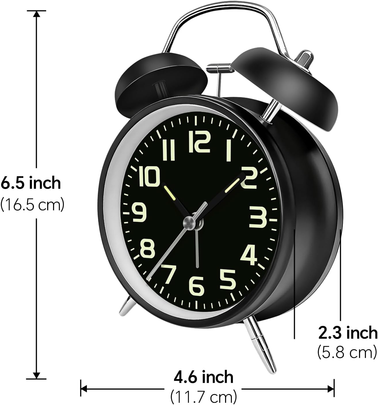 4.5" Metal Loud Alarm Clock for Heavy Sleepers Adults, Analog Battery Operated Alarm Clock with Bells Glow in Dark Numbers, Silent Old School Bedside Desk Clock for Bedroom Office Kids, Black
