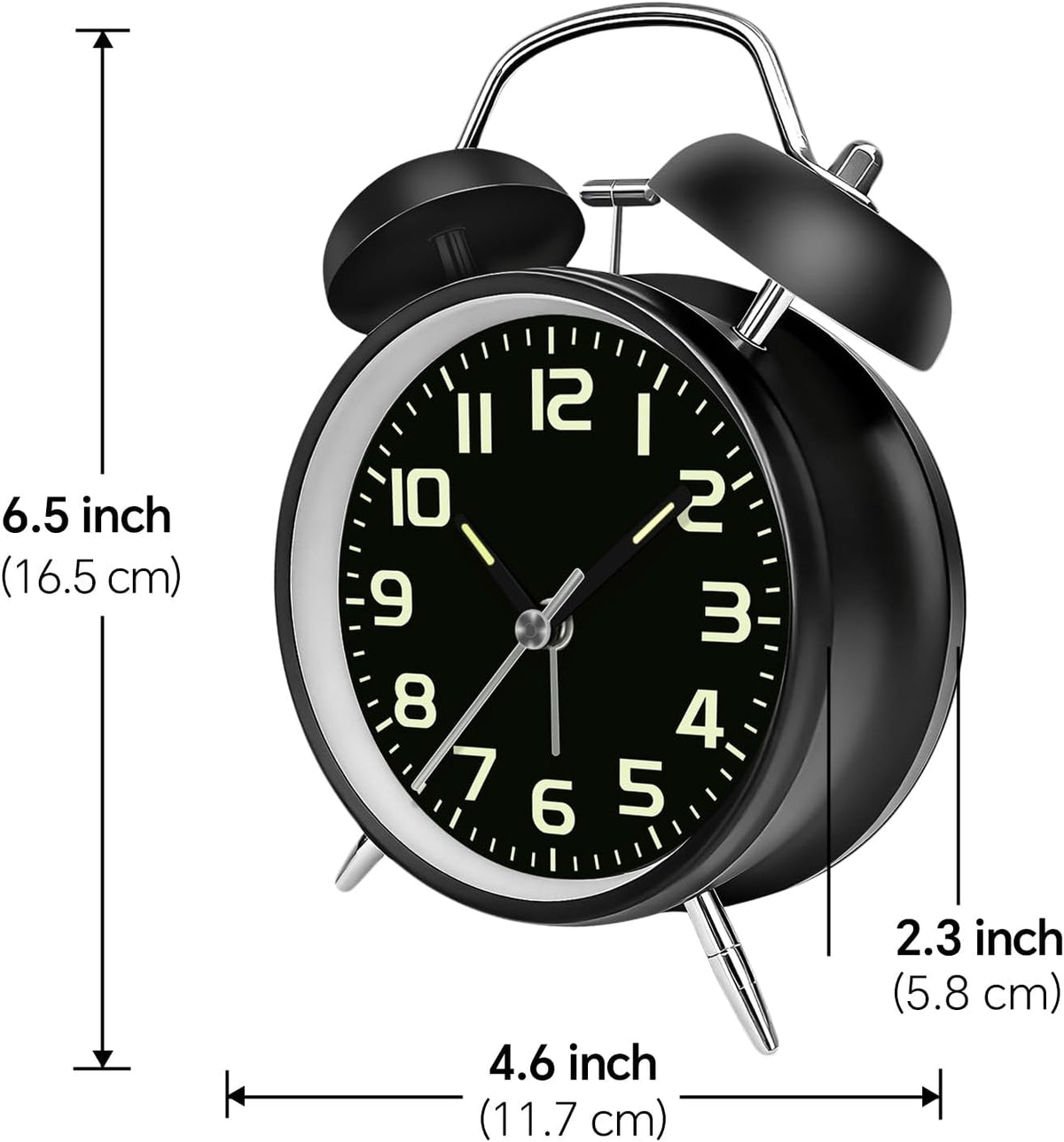 4.5" Metal Loud Alarm Clock for Heavy Sleepers Adults, Analog Battery Operated Alarm Clock with Bells Glow in Dark Numbers, Silent Old School Bedside Desk Clock for Bedroom Office Kids, Black