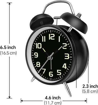 4.5" Metal Loud Alarm Clock for Heavy Sleepers Adults, Analog Battery Operated Alarm Clock with Bells Glow in Dark Numbers, Silent Old School Bedside Desk Clock for Bedroom Office Kids, Black