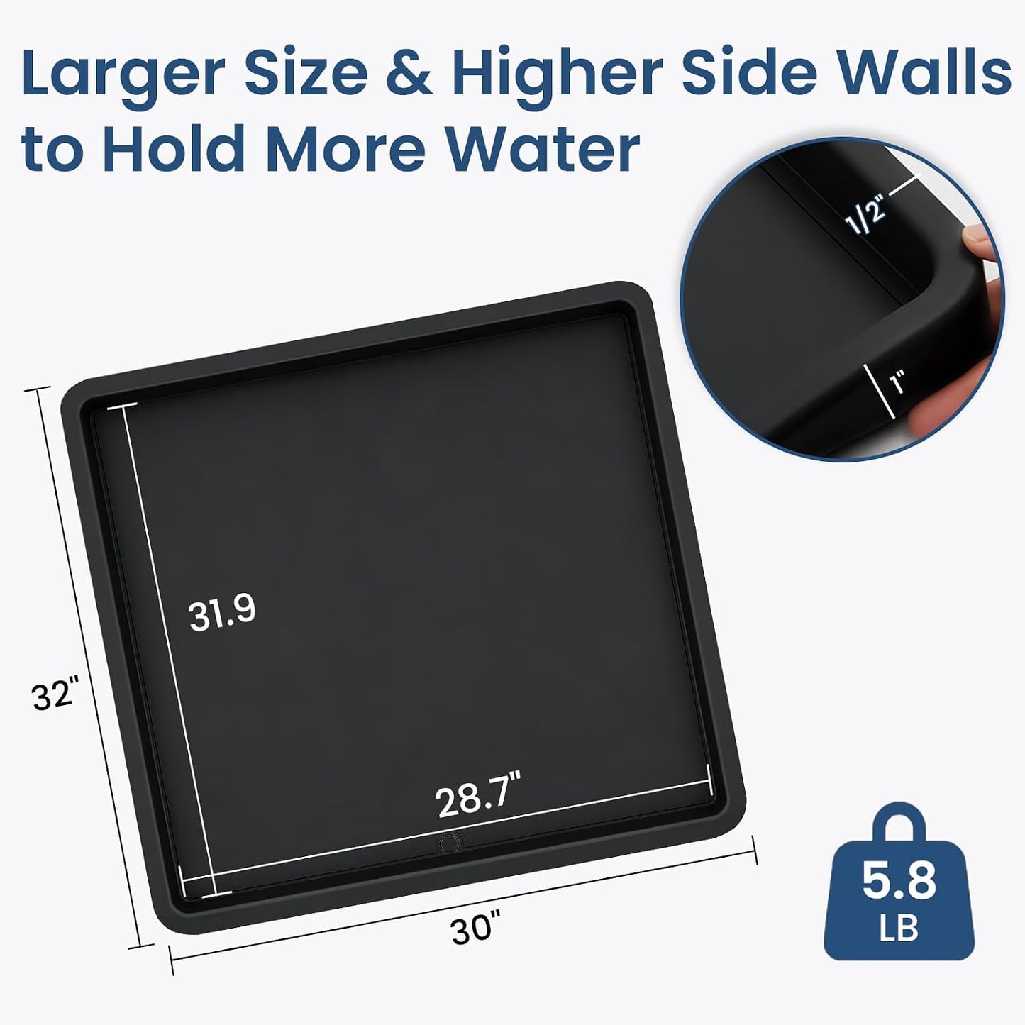 33 X 30 inch Large Thickened Silicone Washing Machine Drain Pan (Grey) | 1-1/5" Raised Edge , Leak Protection Anti-Vibration Non-Slip Washing Machine Tray for Washer Dryer Other Appliances （Black）