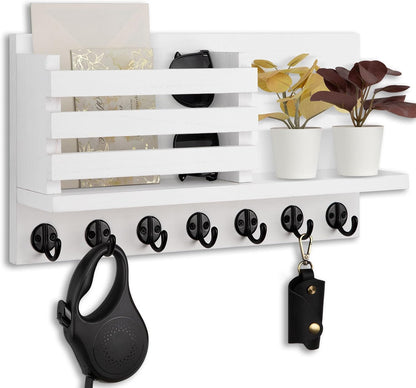 Lwenki Key Holder for Wall – Decorative Wooden Mail Holder and Key Shelf with Mounting Hardware, Installation Guide – Paulownia Wood with Metal Key Hooks (Black, Large - 11.8inch)