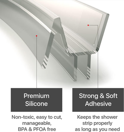 Frameless Shower Door Side Seal X-Protector - 40" Shower Door Seal | Self-Adhesive Shower Door Sweep - Premium Door Side Seal Strip - Silicone Glass Shower Seal Strip for All Door Thicknesses!
