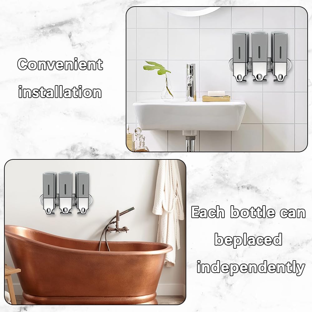 3 in 1 Chamber Wall Mounted Shampoo and Conditioner Dispenser (Silver) | No Drill Shower Soap Dispenser for Bathroom & Hotel Leak-Proof Pumps, Easy Installation and Large Capacity