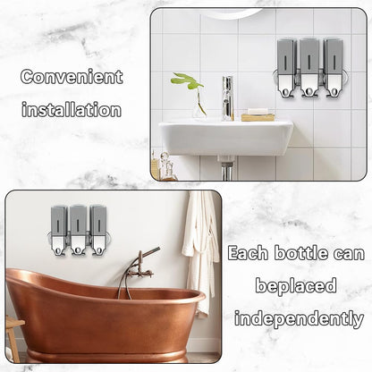 3 in 1 Chamber Wall Mounted Shampoo and Conditioner Dispenser (Silver) | No Drill Shower Soap Dispenser for Bathroom & Hotel Leak-Proof Pumps, Easy Installation and Large Capacity
