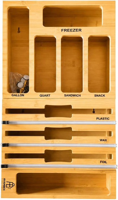 9-in-1 Bamboo Kitchen Drawer Organizer - Storage Bag Holder with Built-In Foil & Wrap Cutter Dispenser - Wooden Food Storage Bag Organizer for Gallon, Quart, Sandwich and Snack Sizes